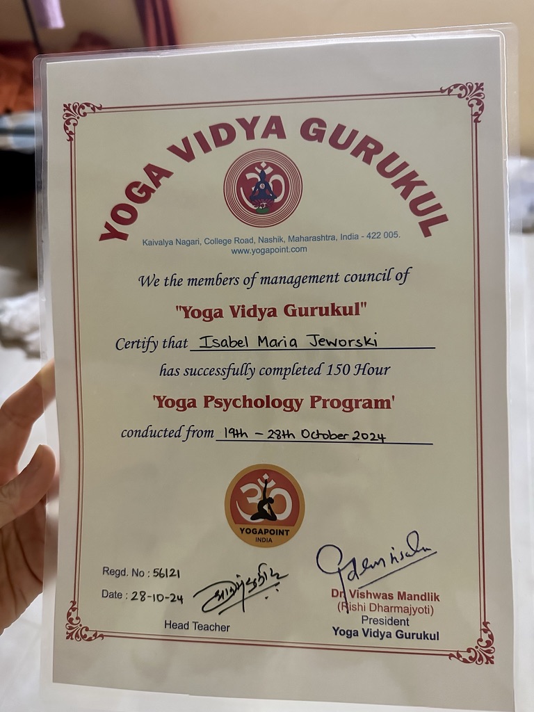 Isabel Maria Jeworski — 150 Hour Yoga Psychology Program certificate, Yoga Vidya Gurukul India